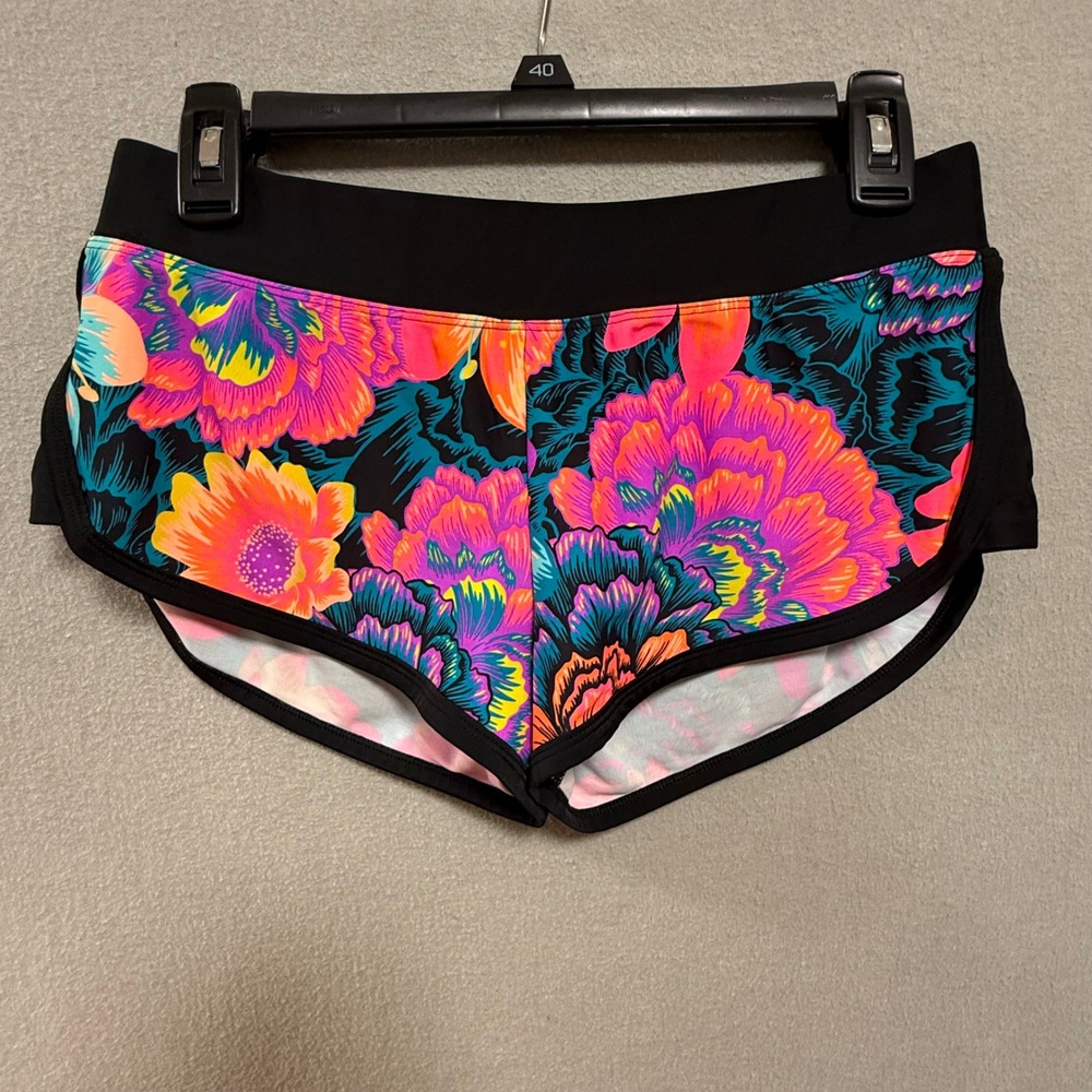 Body Glove Women's Black Athletic Shorts with Neon Floral Print